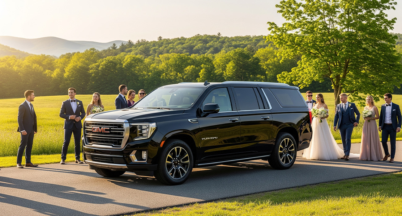 Elegant wedding limo service with luxury black car