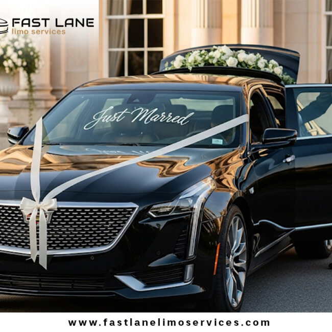 Decorated limo ready for wedding transportation service