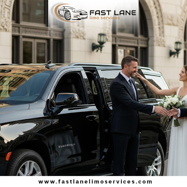 Elegant limousine transportation for wedding at luxury venue